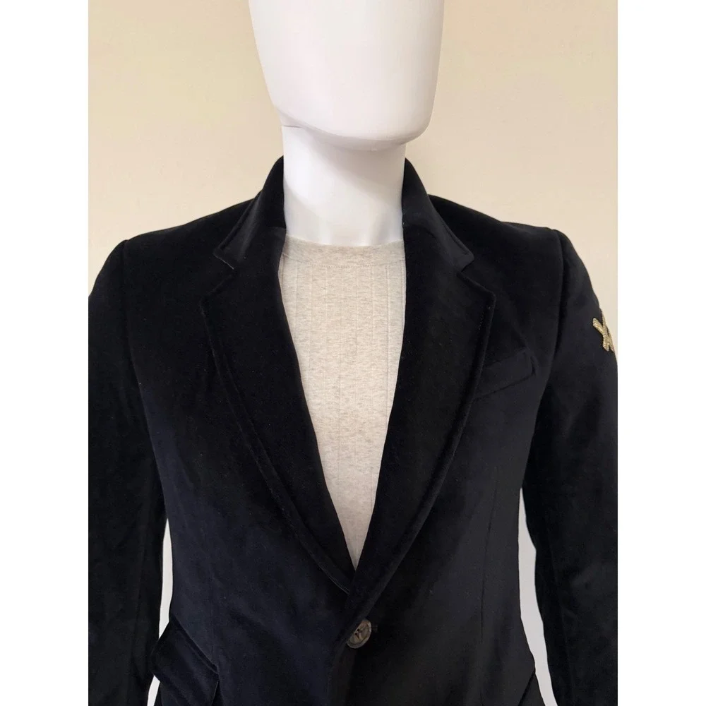 William Rast Mens Black Velvet‎ Blazer Jacket Gold Logo Sleeve Two Button Size S